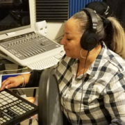 Angela Rowan, respiratory care practitioner, pictured here in a recording studio